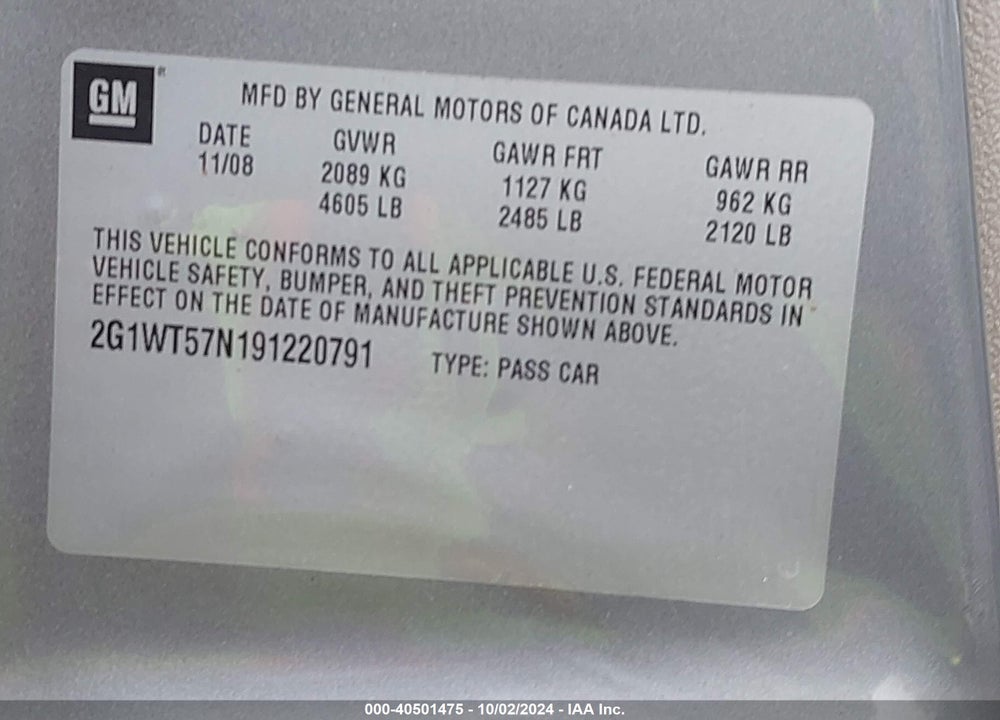 2009 CHEVROLET IMPALA LT VIN: 2G1WT57N191220791