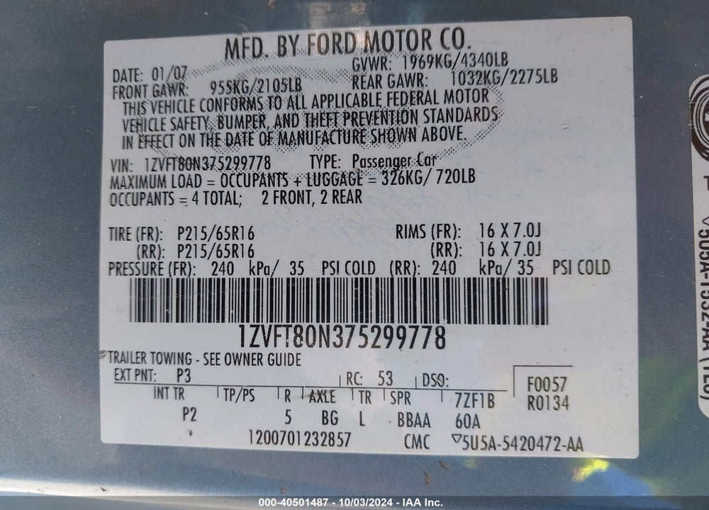 2007 FORD MUSTANG V6 DELUXE/V6 PREMIUM VIN: 1ZVFT80N375299778