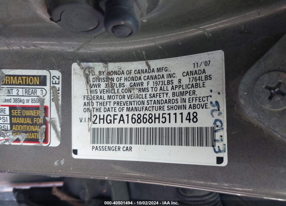 2008 HONDA CIVIC EX VIN: 2HGFA16868H511148