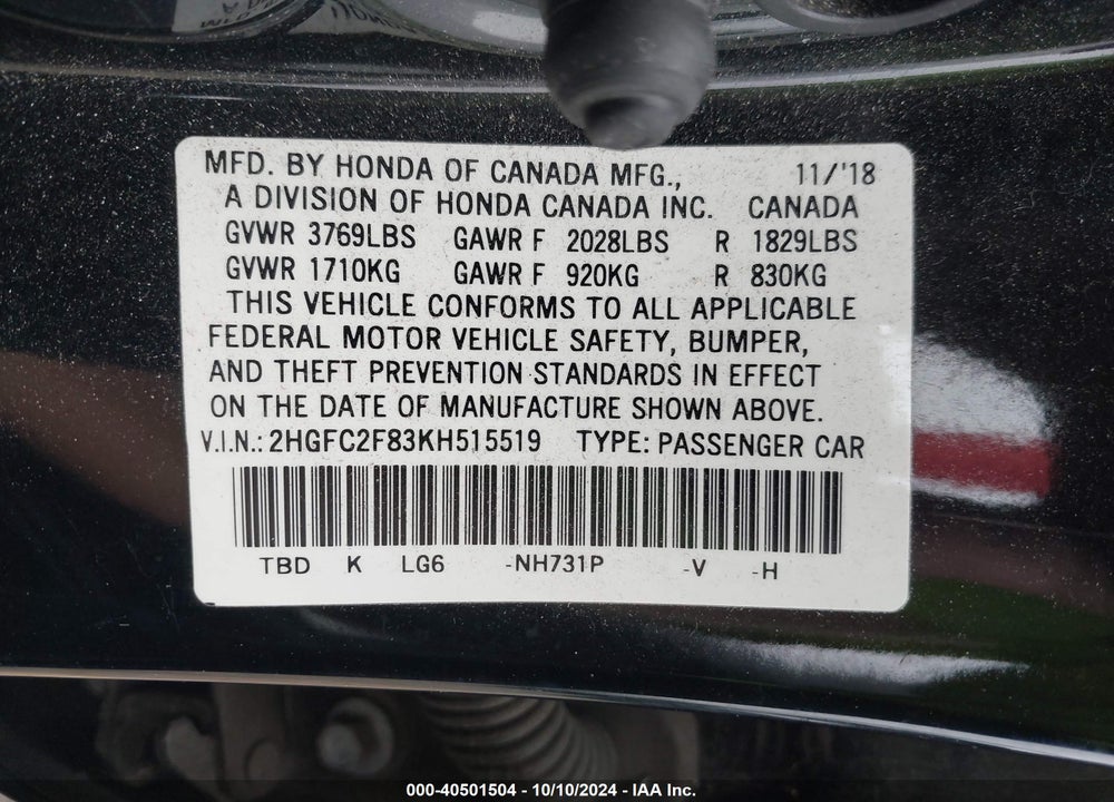2019 HONDA CIVIC SPORT VIN: 2HGFC2F83KH515519