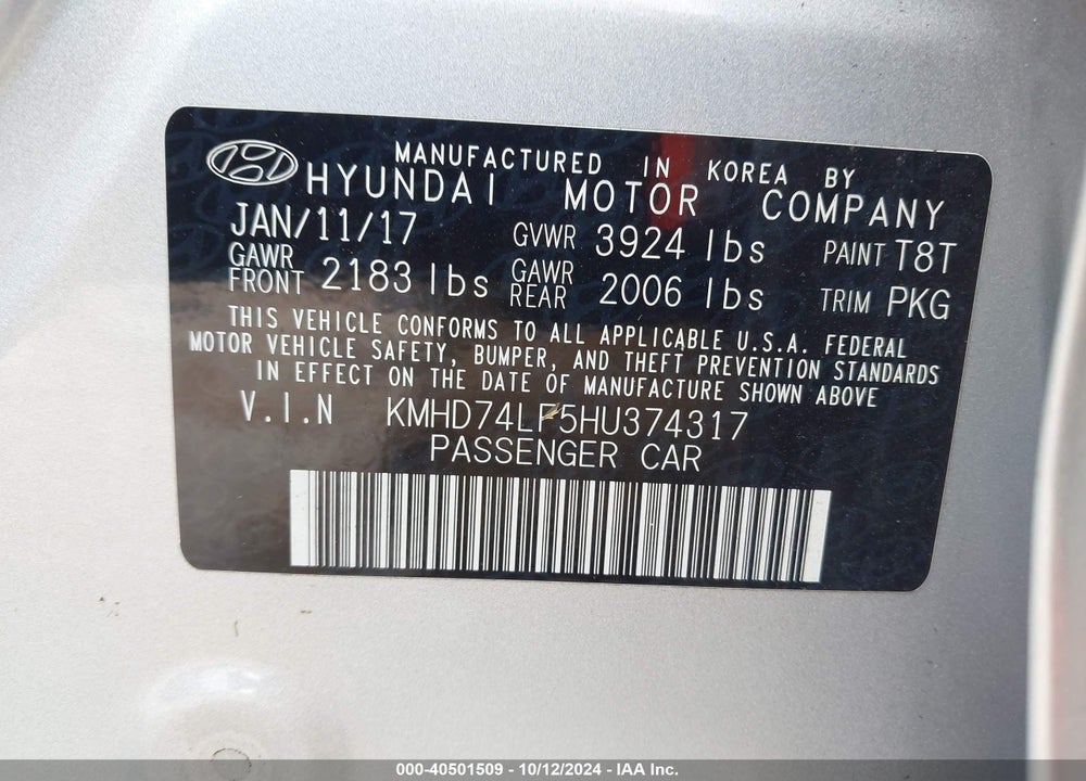 2017 HYUNDAI ELANTRA SE VIN: KMHD74LF5HU374317