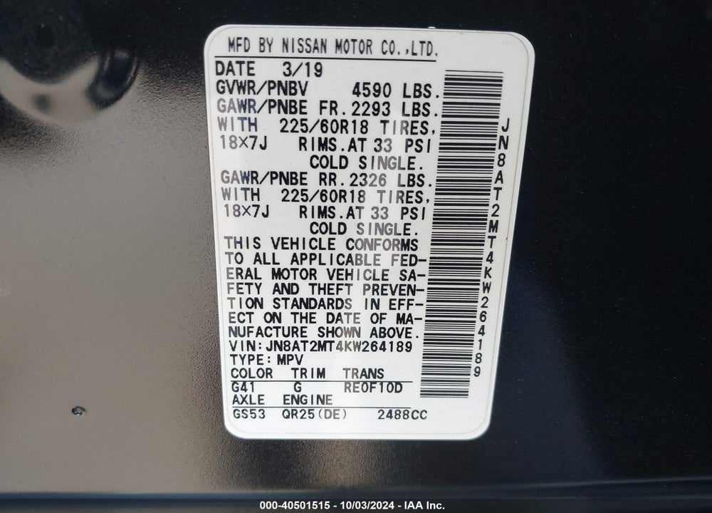 2019 NISSAN ROGUE SV VIN: JN8AT2MT4KW264189