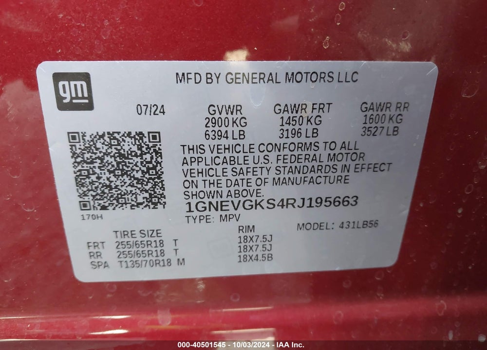 2024 CHEVROLET TRAVERSE AWD LT VIN: 1GNEVGKS4RJ195663