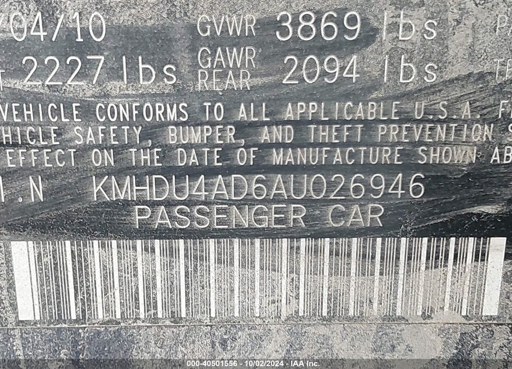 2010 HYUNDAI ELANTRA SE VIN: KMHDU4AD6AU026946