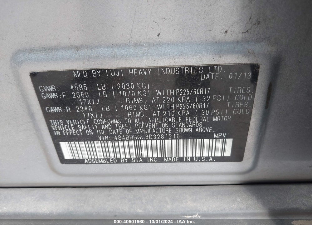 2013 SUBARU OUTBACK 2.5I PREMIUM VIN: 4S4BRBGC8D3281216