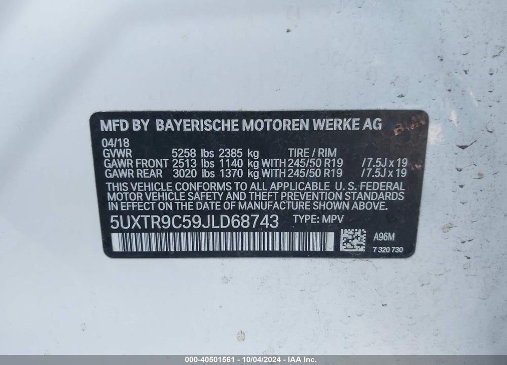 2018 BMW X3 XDRIVE30I VIN: 5UXTR9C59JLD68743