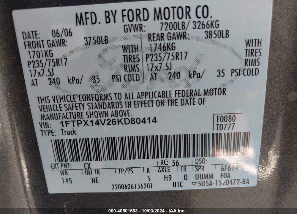 2006 FORD F-150 FX4/LARIAT/XL/XLT VIN: 1FTPX14V26KD80414