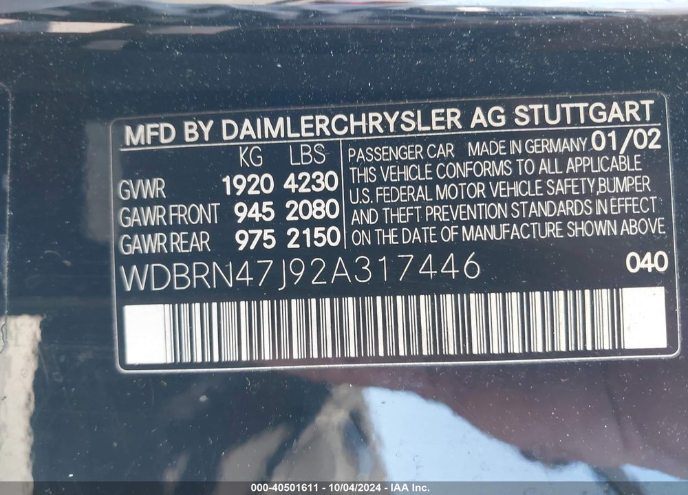 2002 MERCEDES-BENZ C 230 VIN: WDBRN47J92A317446