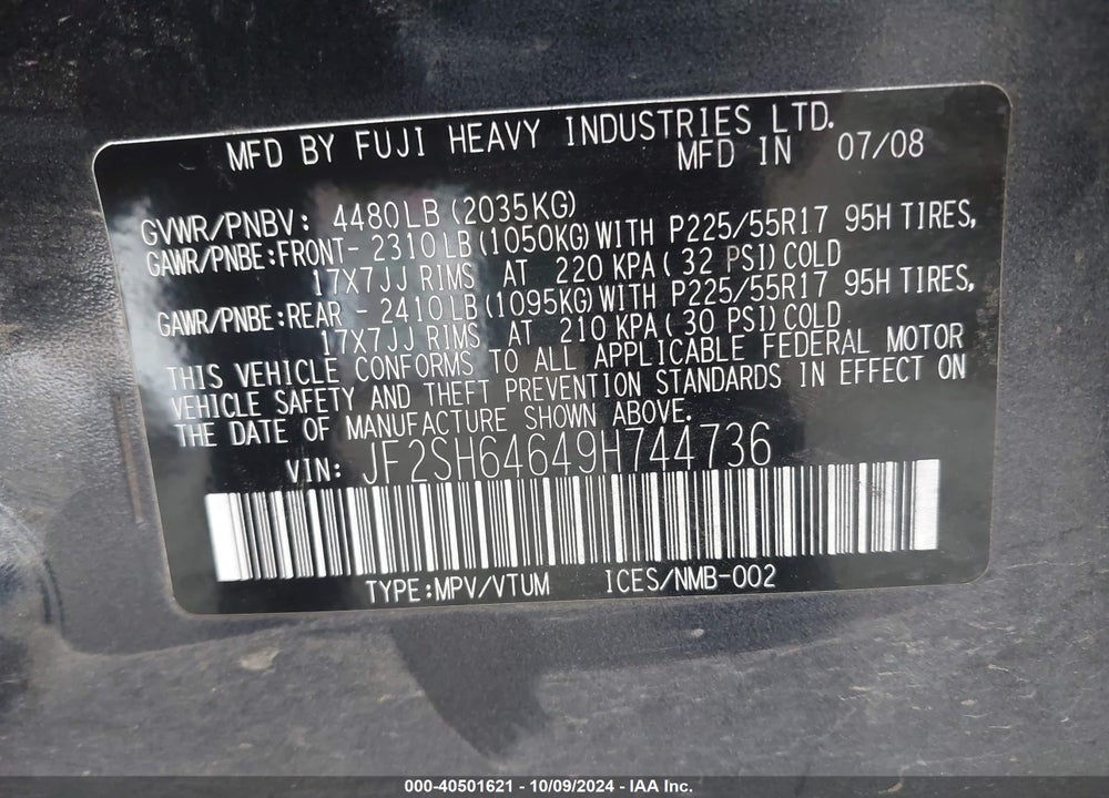2009 SUBARU FORESTER 2.5X LIMITED VIN: JF2SH64649H744736