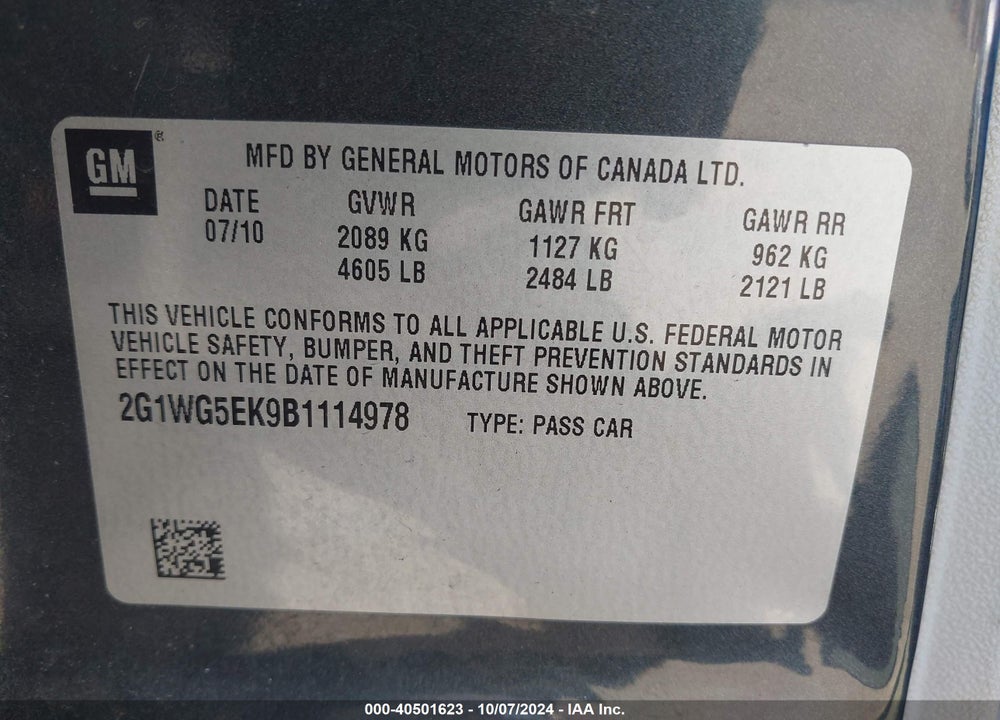 2011 CHEVROLET IMPALA LT VIN: 2G1WG5EK9B1114978