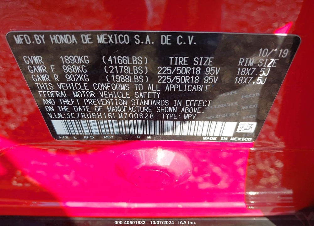 2020 HONDA HR-V AWD SPORT VIN: 3CZRU6H16LM700628
