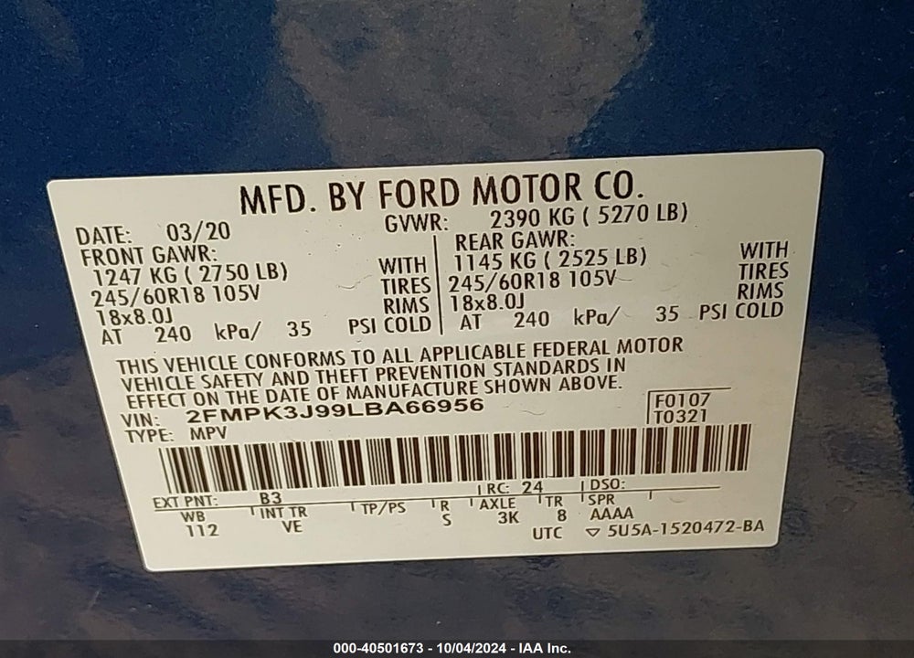 2020 FORD EDGE SEL VIN: 2FMPK3J99LBA66956