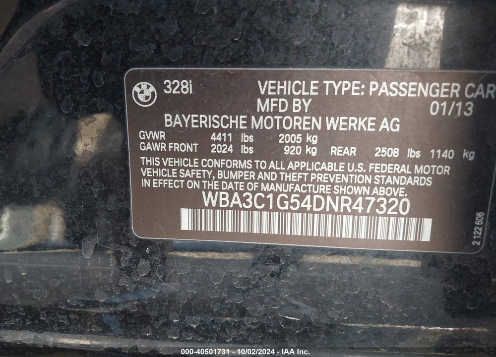 2013 BMW 328I VIN: WBA3C1G54DNR47320