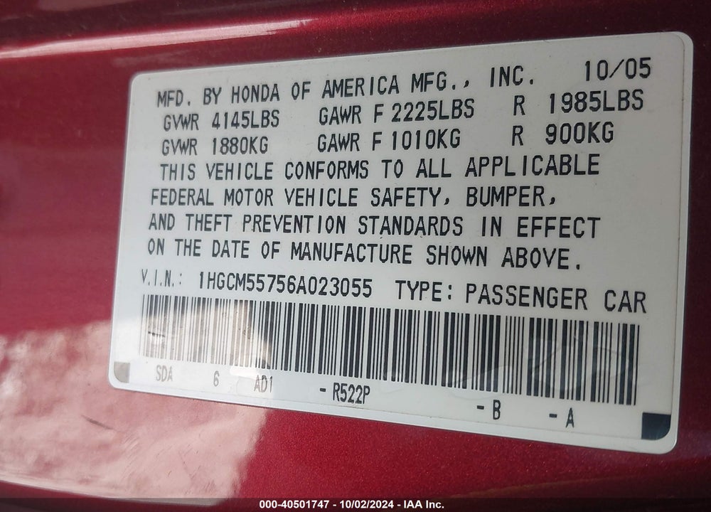 2006 HONDA ACCORD 2.4 EX VIN: 1HGCM55756A023055