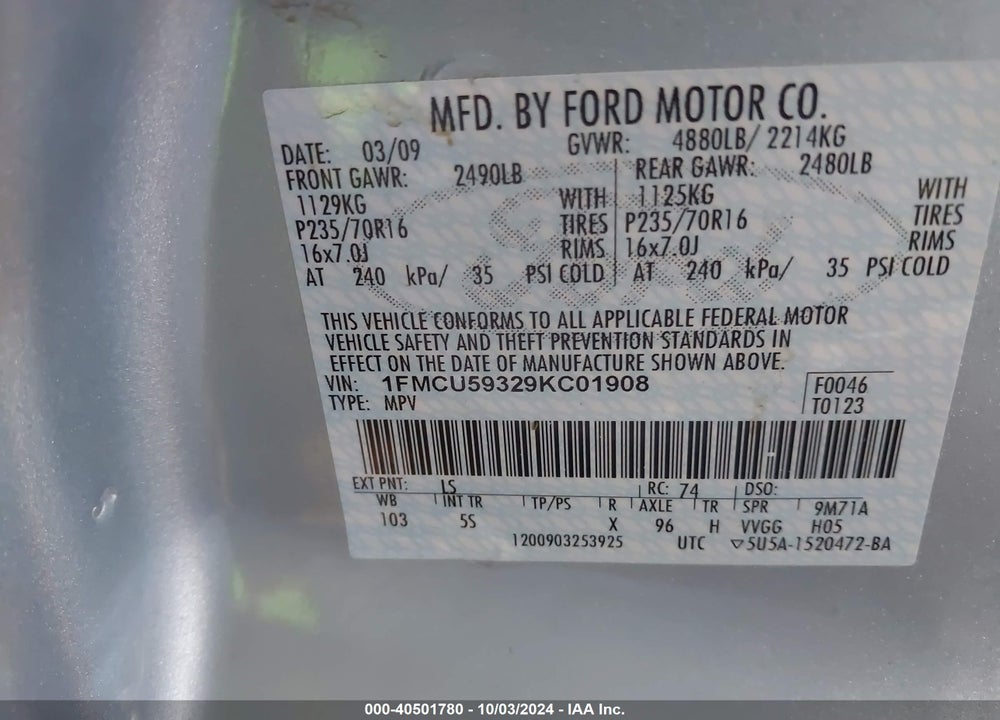 2009 FORD ESCAPE HYBRID LIMITED VIN: 1FMCU59329KC01908