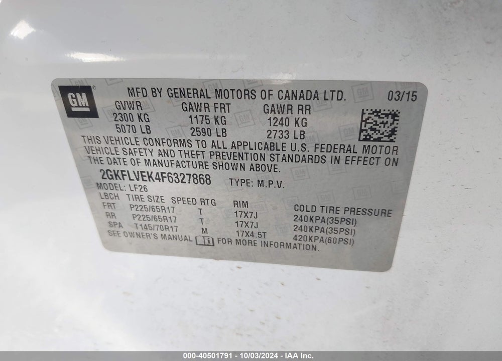 2015 GMC TERRAIN SLE-1 VIN: 2GKFLVEK4F6327868