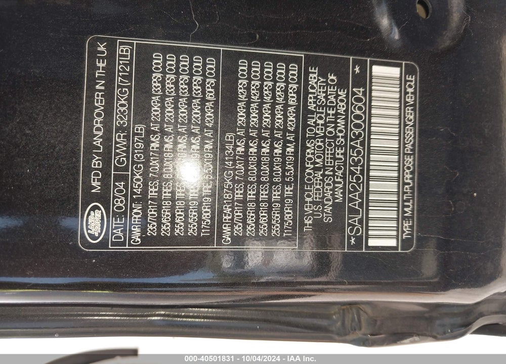 2005 LAND ROVER LR3 SE VIN: SALAA25435A300604