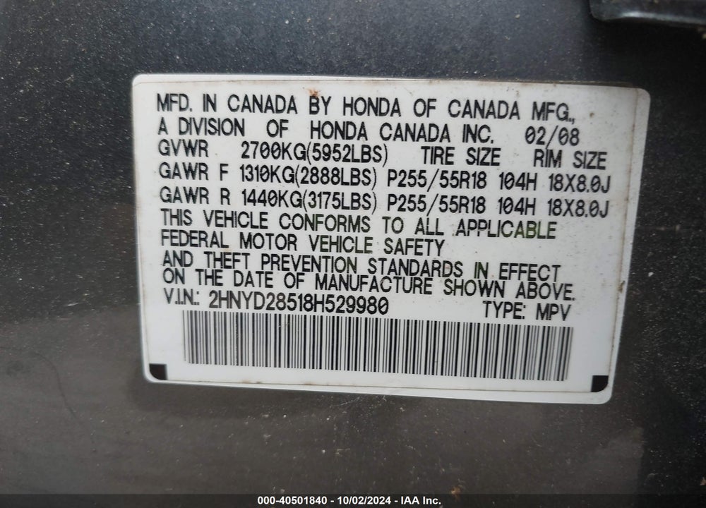 2008 ACURA MDX SPORT PACKAGE VIN: 2HNYD28518H529980