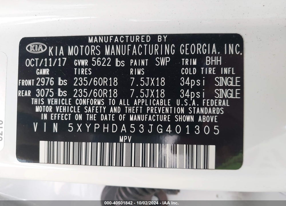 2018 KIA SORENTO 3.3L EX VIN: 5XYPHDA53JG401305