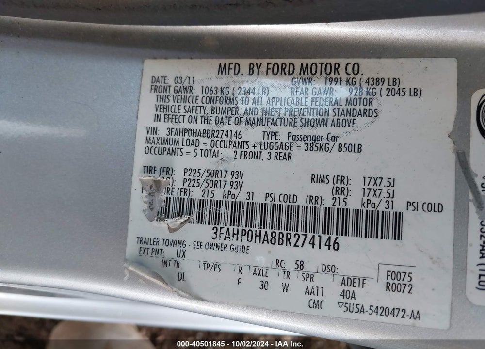2011 FORD FUSION VIN: 3FAHP0HA8BR274146