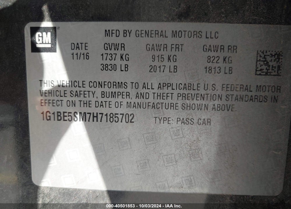 2017 CHEVROLET CRUZE LT AUTO VIN: 1G1BE5SM7H7185702