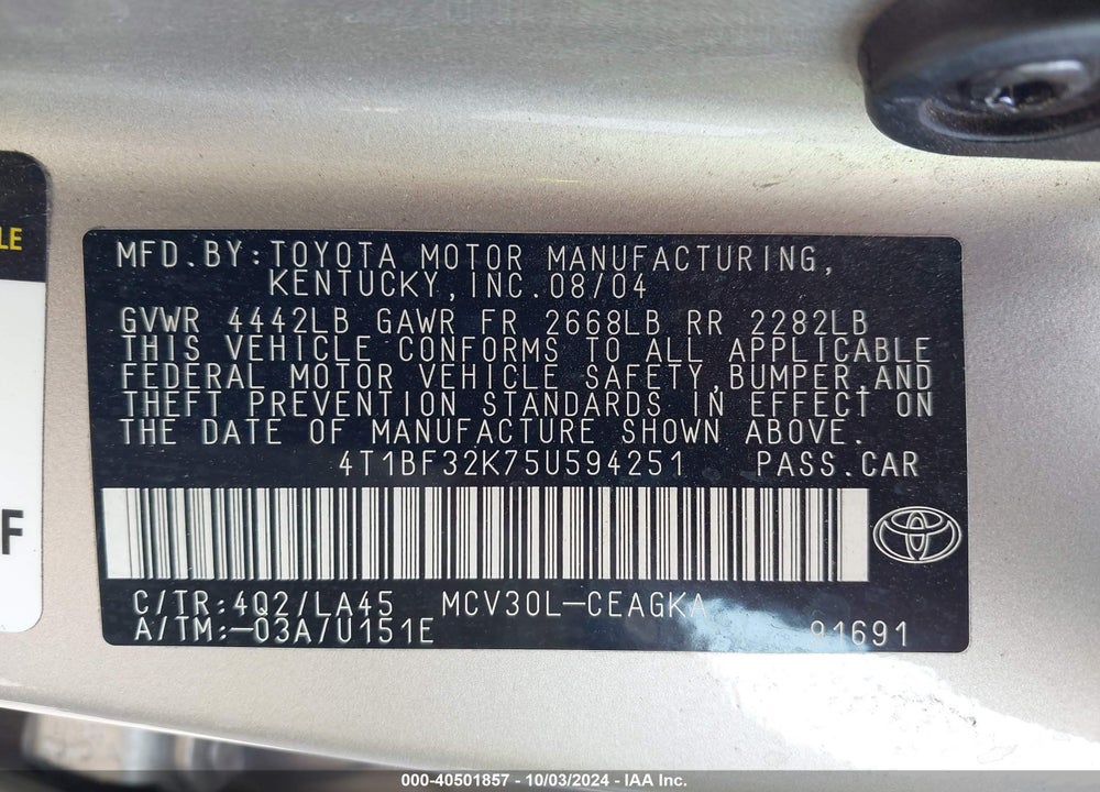2005 TOYOTA CAMRY XLE V6 VIN: 4T1BF32K75U594251