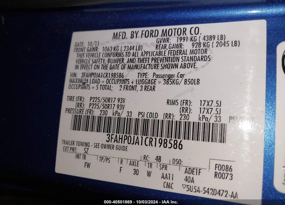2012 FORD FUSION SEL VIN: 3FAHP0JA1CR198586