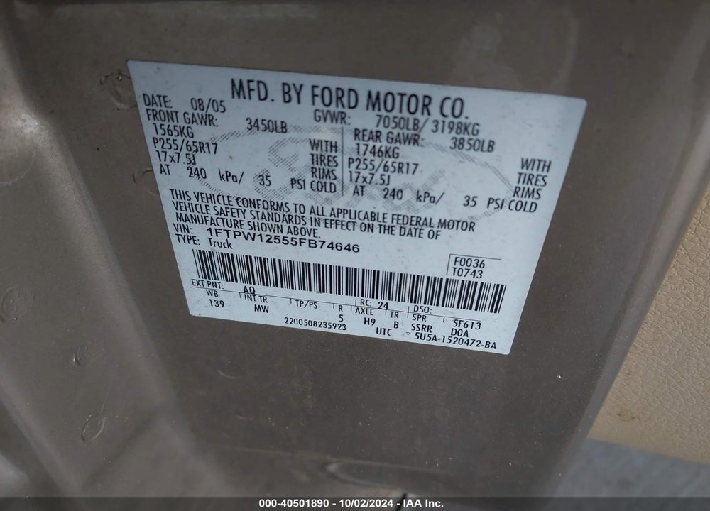 2005 FORD F-150 LARIAT/XLT VIN: 1FTPW12555FB74646