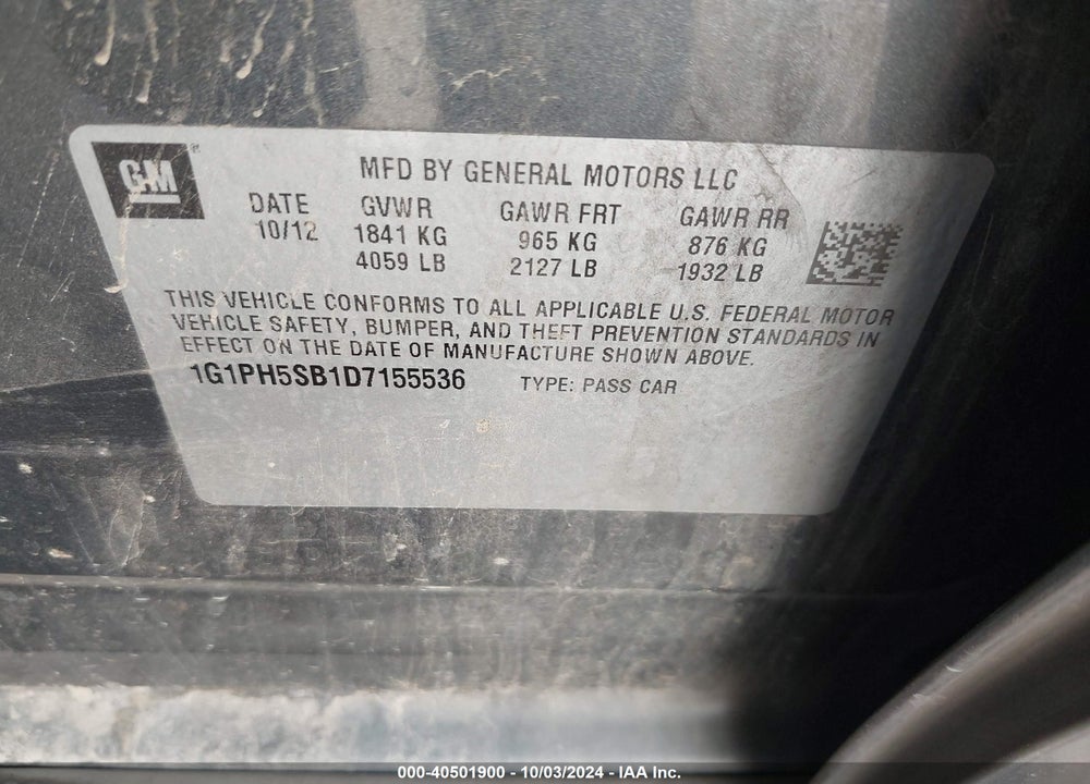 2013 CHEVROLET CRUZE ECO AUTO VIN: 1G1PH5SB1D7155536