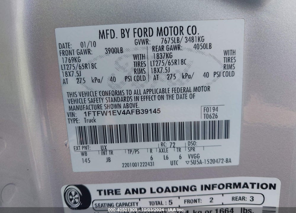 2010 FORD F-150 FX4/HARLEY-DAVIDSON/KING RANCH/LARIAT/PLATINUM/XL/XLT VIN: 1FTFW1EV4AFB39145