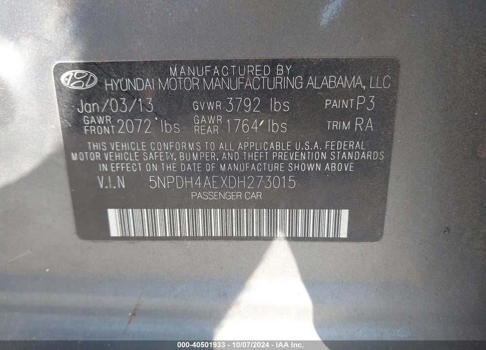 2013 HYUNDAI ELANTRA LIMITED VIN: 5NPDH4AEXDH273015