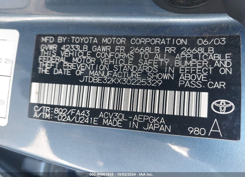 2003 TOYOTA CAMRY XLE VIN: JTDBE32KX30225329
