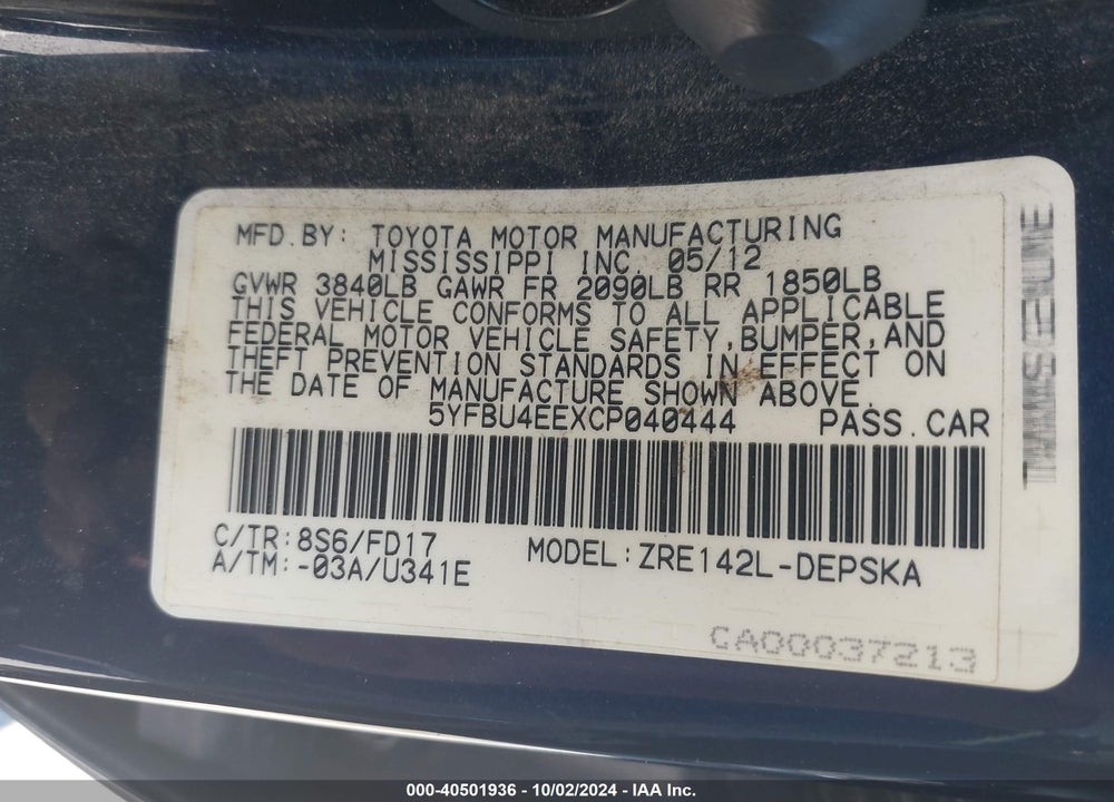 2012 TOYOTA COROLLA S VIN: 5YFBU4EEXCP040444