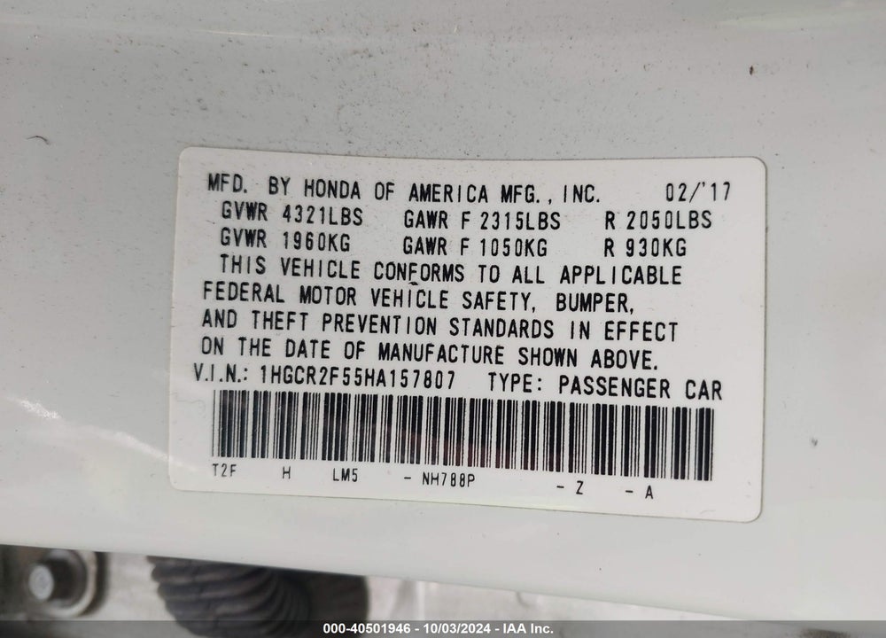 2017 HONDA ACCORD SPORT VIN: 1HGCR2F55HA157807