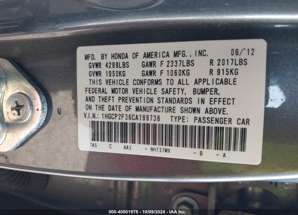 2012 HONDA ACCORD 2.4 LX VIN: 1HGCP2F36CA199738