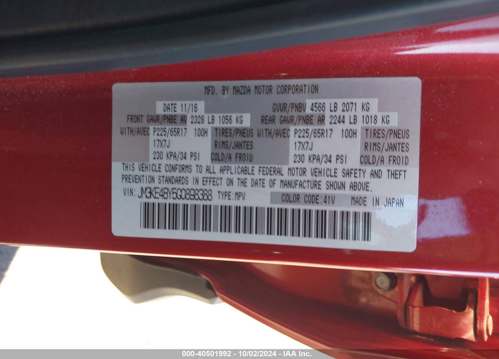 2016 MAZDA CX-5 SPORT VIN: JM3KE4BY5G0898388