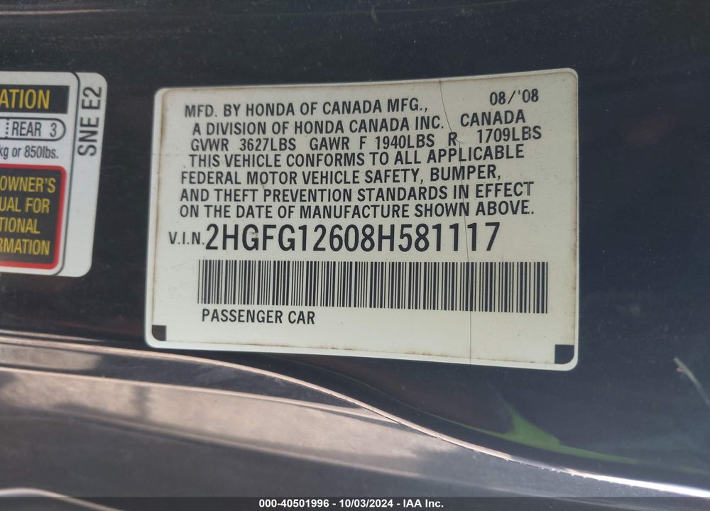 2008 HONDA CIVIC LX VIN: 2HGFG12608H581117
