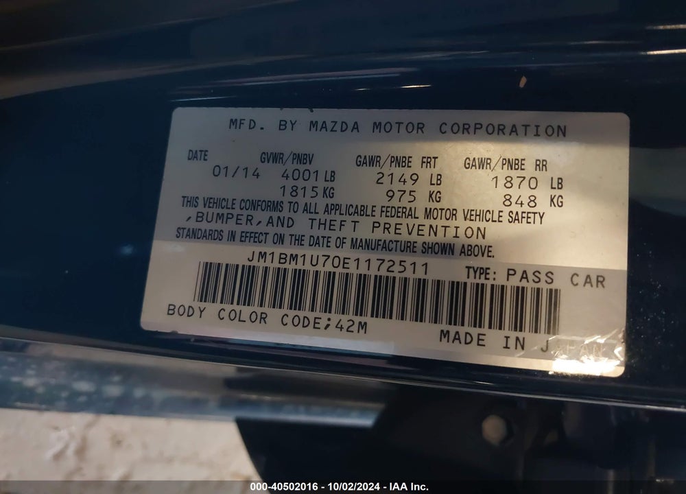 2014 MAZDA 3 I SPORT VIN: JM1BM1U70E1172511