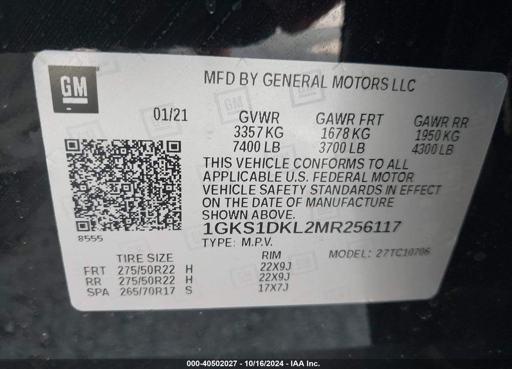2021 GMC YUKON 2WD DENALI VIN: 1GKS1DKL2MR256117