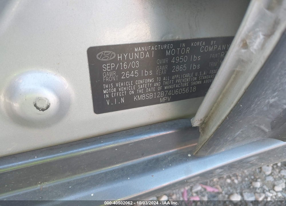 2004 HYUNDAI SANTA FE VIN: KM8SB12B74U605618