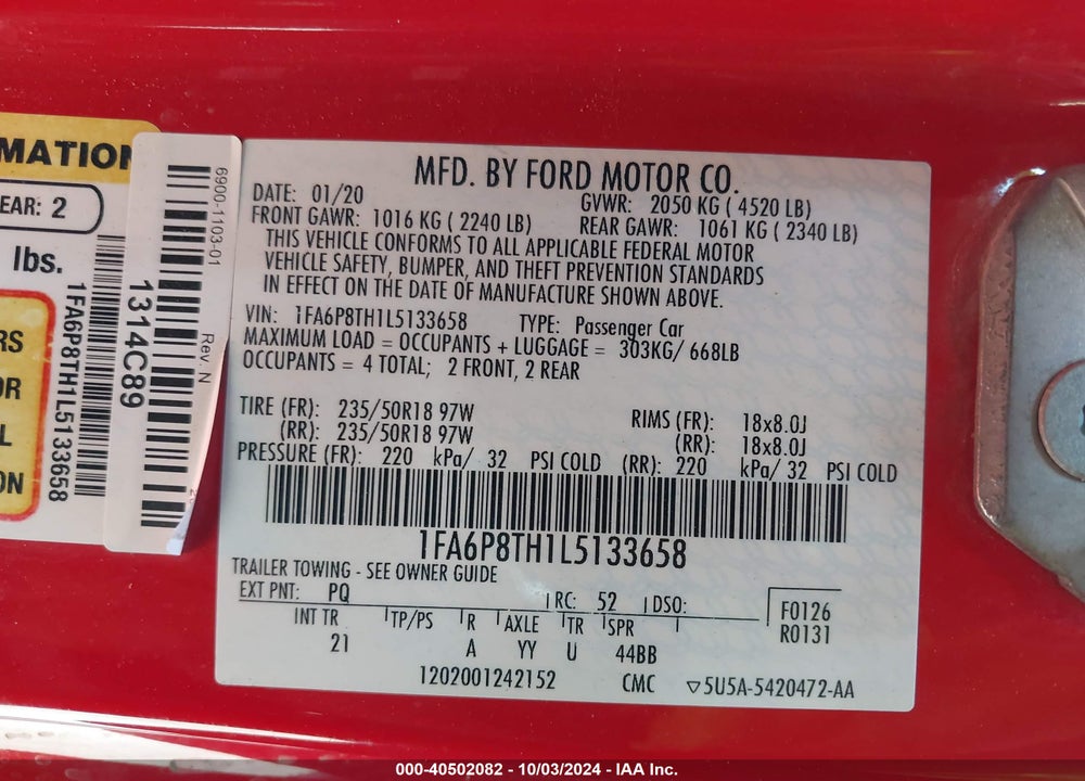 2020 FORD MUSTANG ECOBOOST VIN: 1FA6P8TH1L5133658