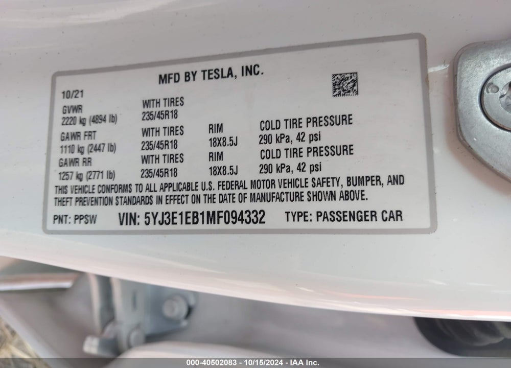 2021 TESLA MODEL 3 LONG RANGE DUAL MOTOR ALL-WHEEL DRIVE VIN: 5YJ3E1EB1MF094332
