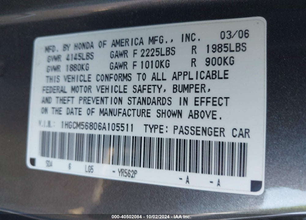 2006 HONDA ACCORD 2.4 EX VIN: 1HGCM56806A105511