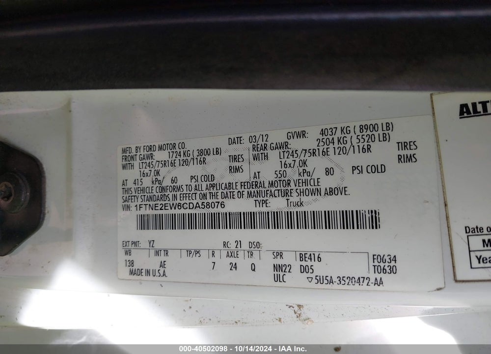 2012 FORD E-250 COMMERCIAL VIN: 1FTNE2EW6CDA58076