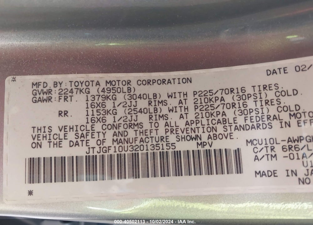 2002 LEXUS RX 300 VIN: JTJGF10U320135155