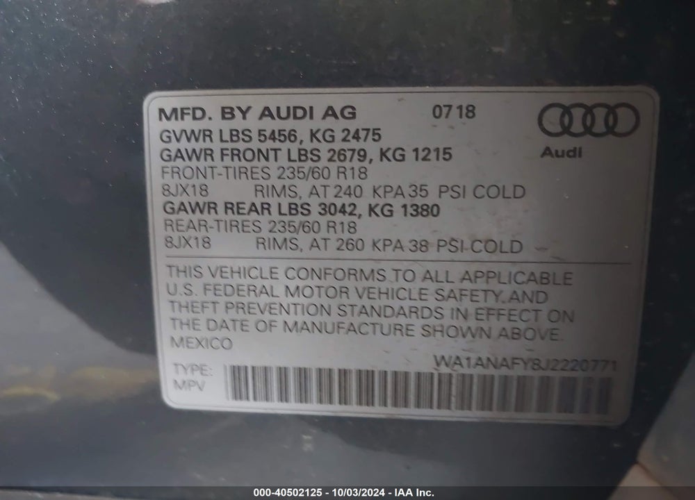 2018 AUDI Q5 2.0T PREMIUM/2.0T TECH PREMIUM VIN: WA1ANAFY8J2220771