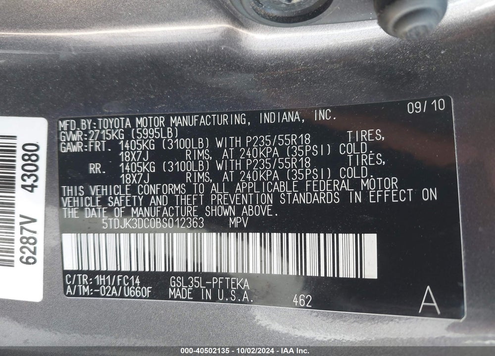 2011 TOYOTA SIENNA LE VIN: 5TDJK3DC0BS012363