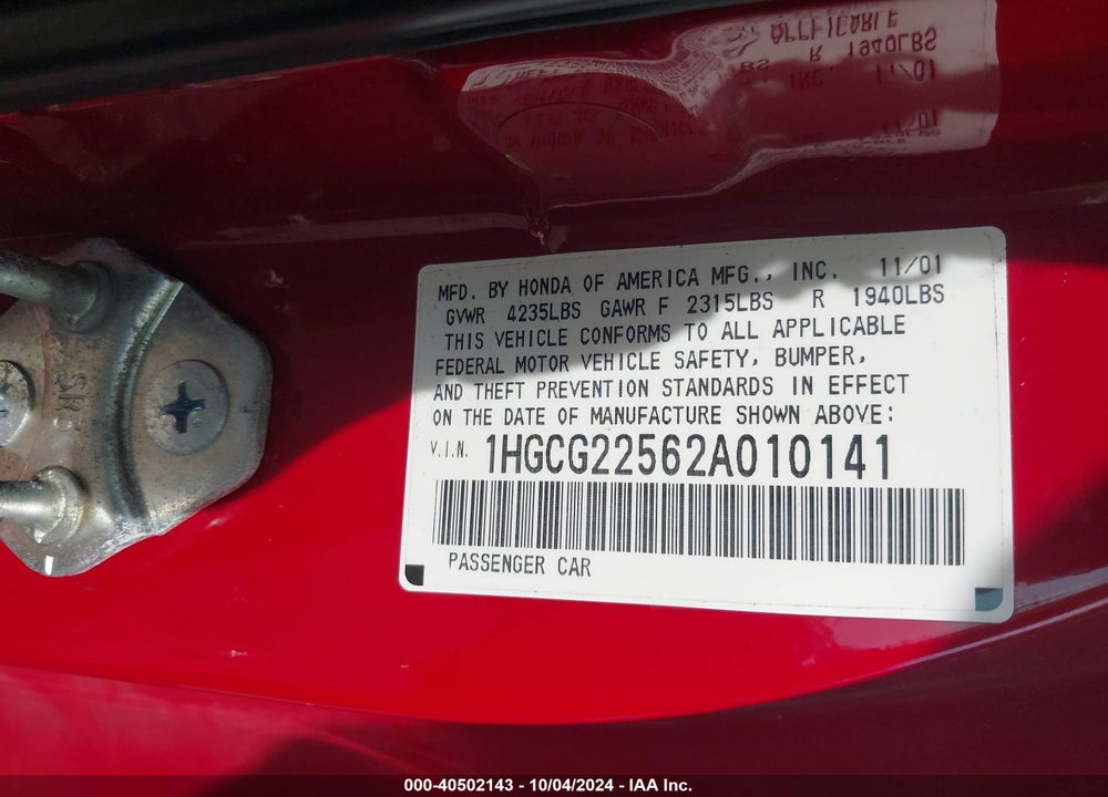 2002 HONDA ACCORD 3.0 EX VIN: 1HGCG22562A010141