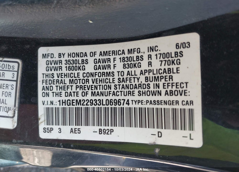 2003 HONDA CIVIC EX VIN: 1HGEM22933L069674