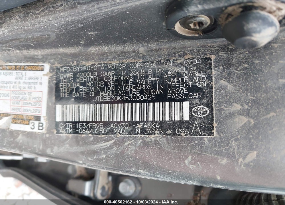 2005 TOYOTA CAMRY LE/SE/XLE VIN: JTDBE30K453000425